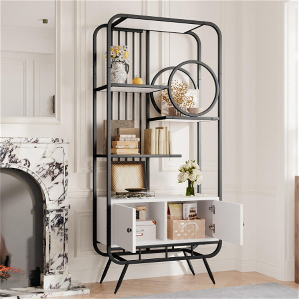 BÜCHERREGAL schwarz, Metallschrank mit Doppeltür und 3 Böden, runde Dekoration, Maße 80 x 30 x 180 cm - Schwarz, Metall (80/180/30cm) - AKL FURNITURE