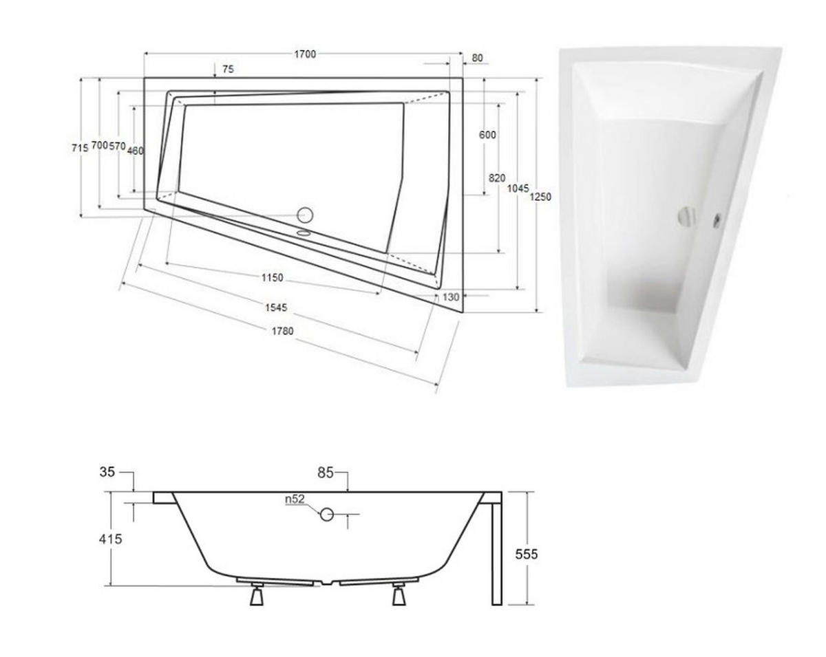 BADEWANNE Eckwanne INTIMA Rechts 170/125 + Styro + 2 Kopfstützen KODI Ablauf Füße - Weiß, Kunststoff (125/55.5/170cm) - bad land