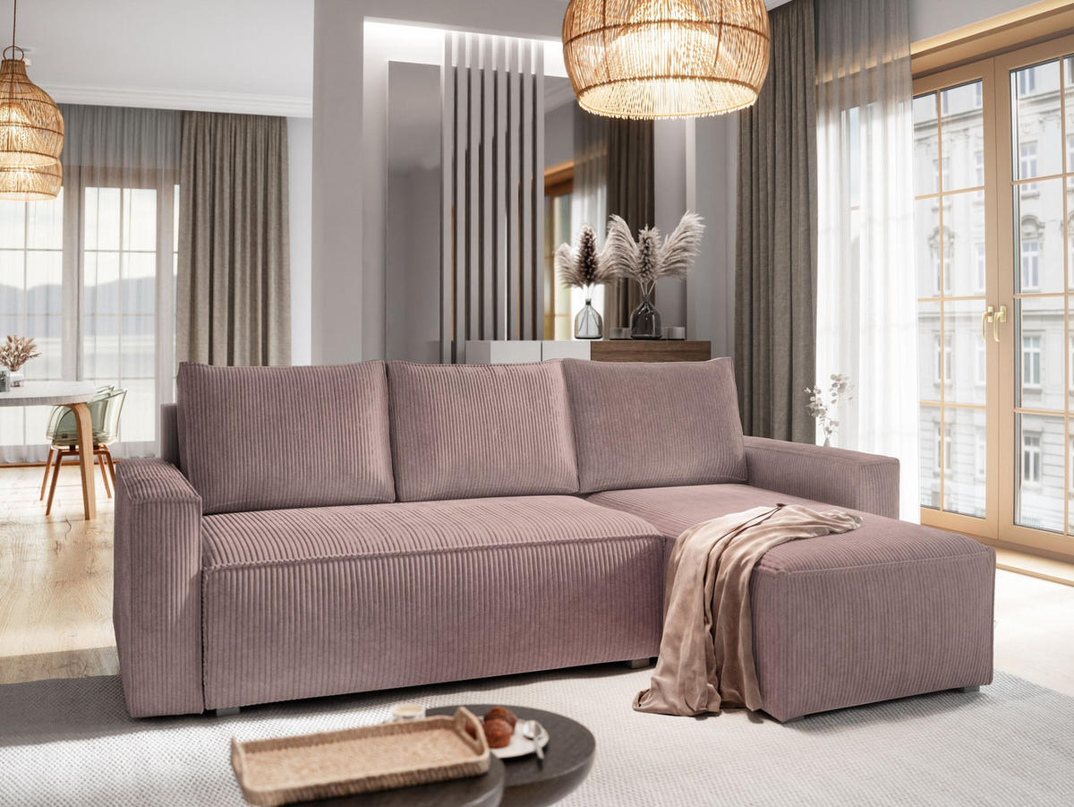 ECKSOFA POTARO Lila Kordstoff mit Schlaffunktion - Lila, Holz (232/140cm) - MASSENO