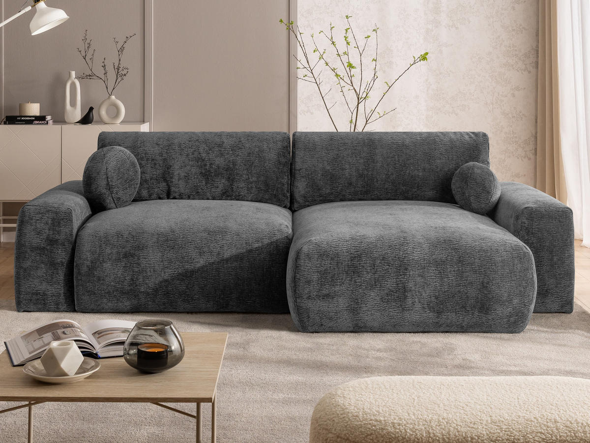 ECKSOFA Puffy mit Schlaffunktion und Bettkasten - besonders weich und puffig aus Dunkelgrau Stoff mit Chenillestruktur - Ottomane rechts - Dunkelgrau/Schwarz, Holz/Kunststoff (266/138cm) - S-Style Möbel