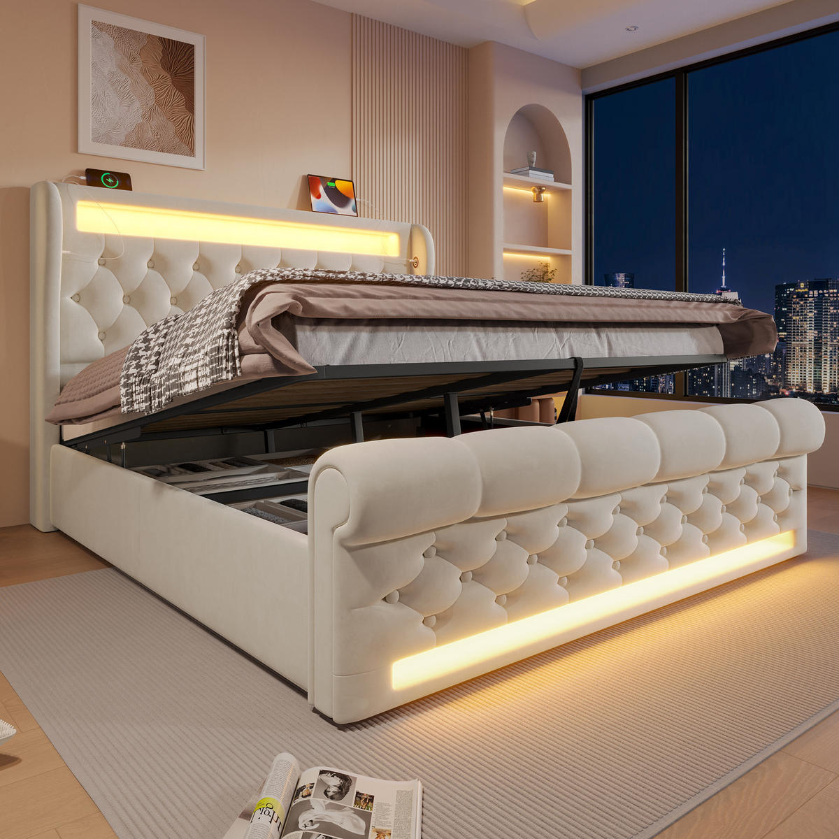 POLSTERBETT 140/200 cm Beige mit LED-Beleuchtung und Stauraum-Kopfteil - Beige, Textil (140/200cm) - OKWISH