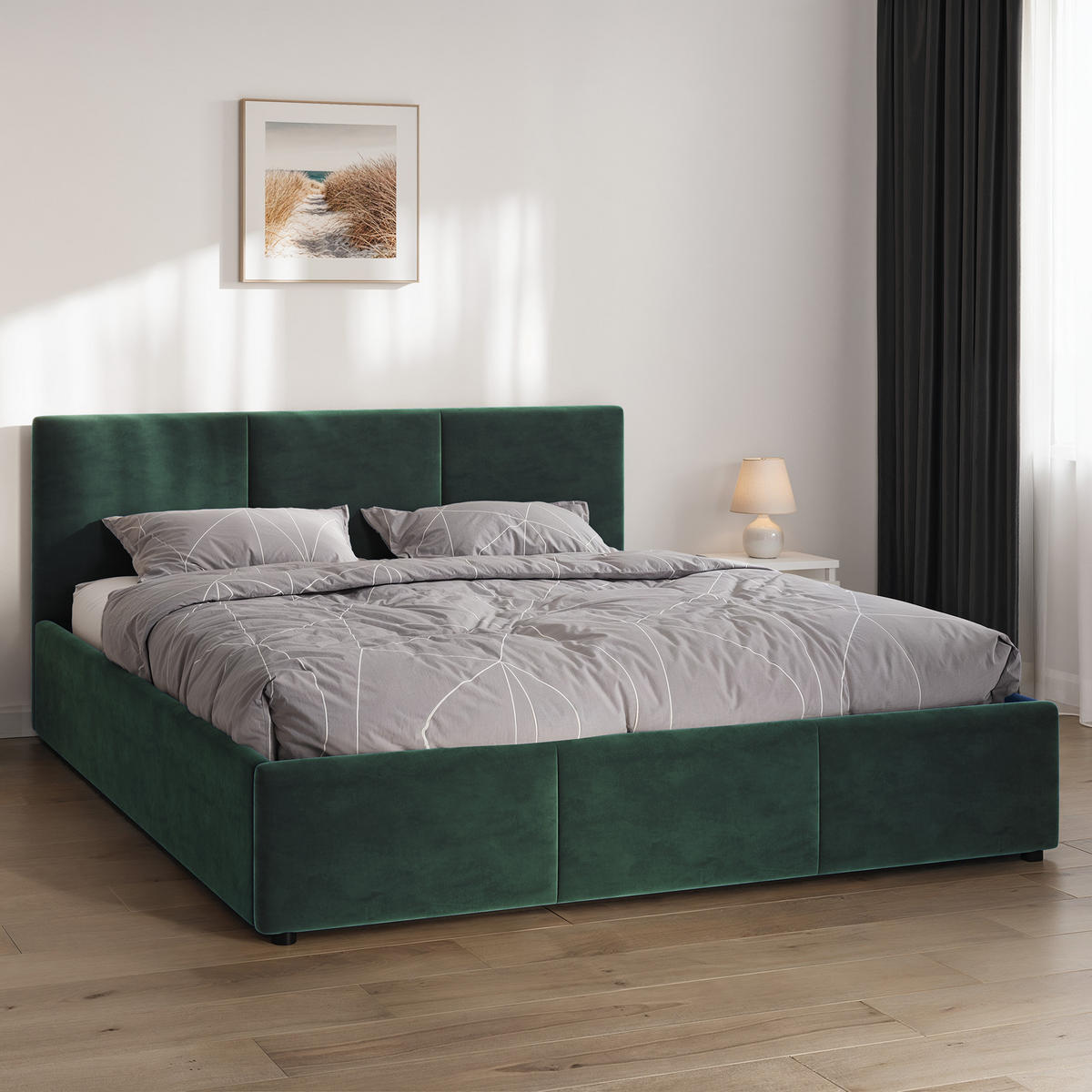 POLSTERBETT 140×200 mit Bettkasten und Lattenrost Nela HLR-57 Flaschengrün Velours - Dunkelgrün, Holz/Textil (140/200cm) - Jana