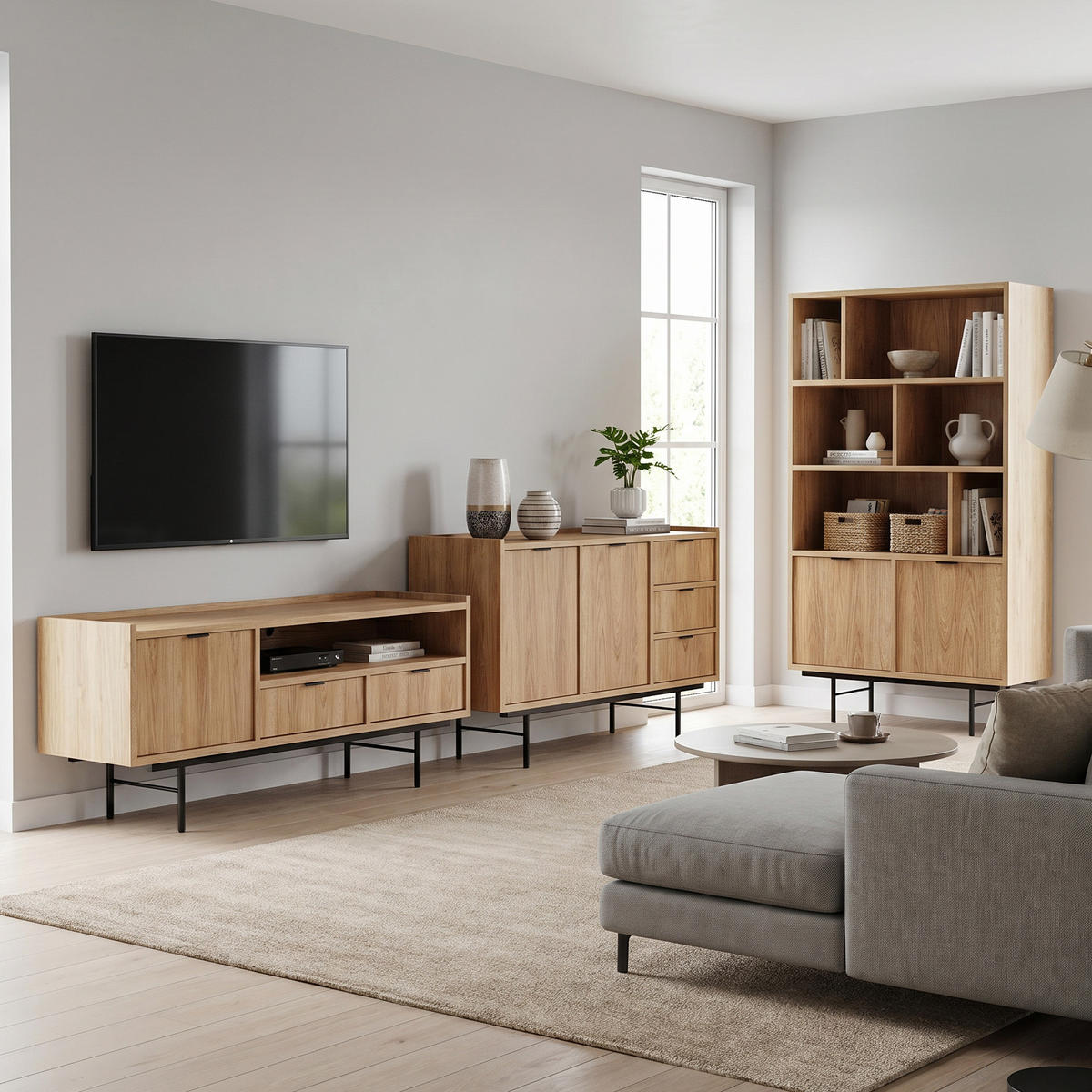 WOHNWAND Evron Kommode 150 cm TV-Board 150 cm Bücherregal 90 cm, Hikora Eiche - Eichefarben/Schwarz, Holzwerkstoff/Metall (150/90/40cm) - Beautysofa