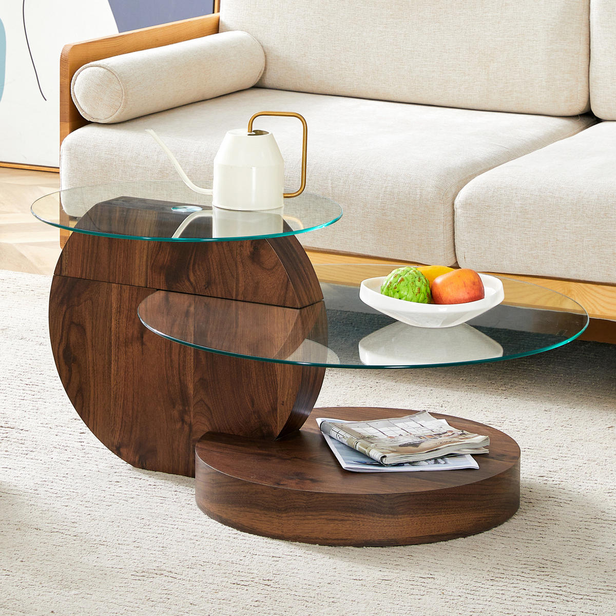 COUCHTISCH 70/50 cm Transparent/Walnuss aus MDF und Glas mit mehrstufiger Ablage - Walnussfarben, Holzwerkstoff (90/70/44cm) - OKMYHOME