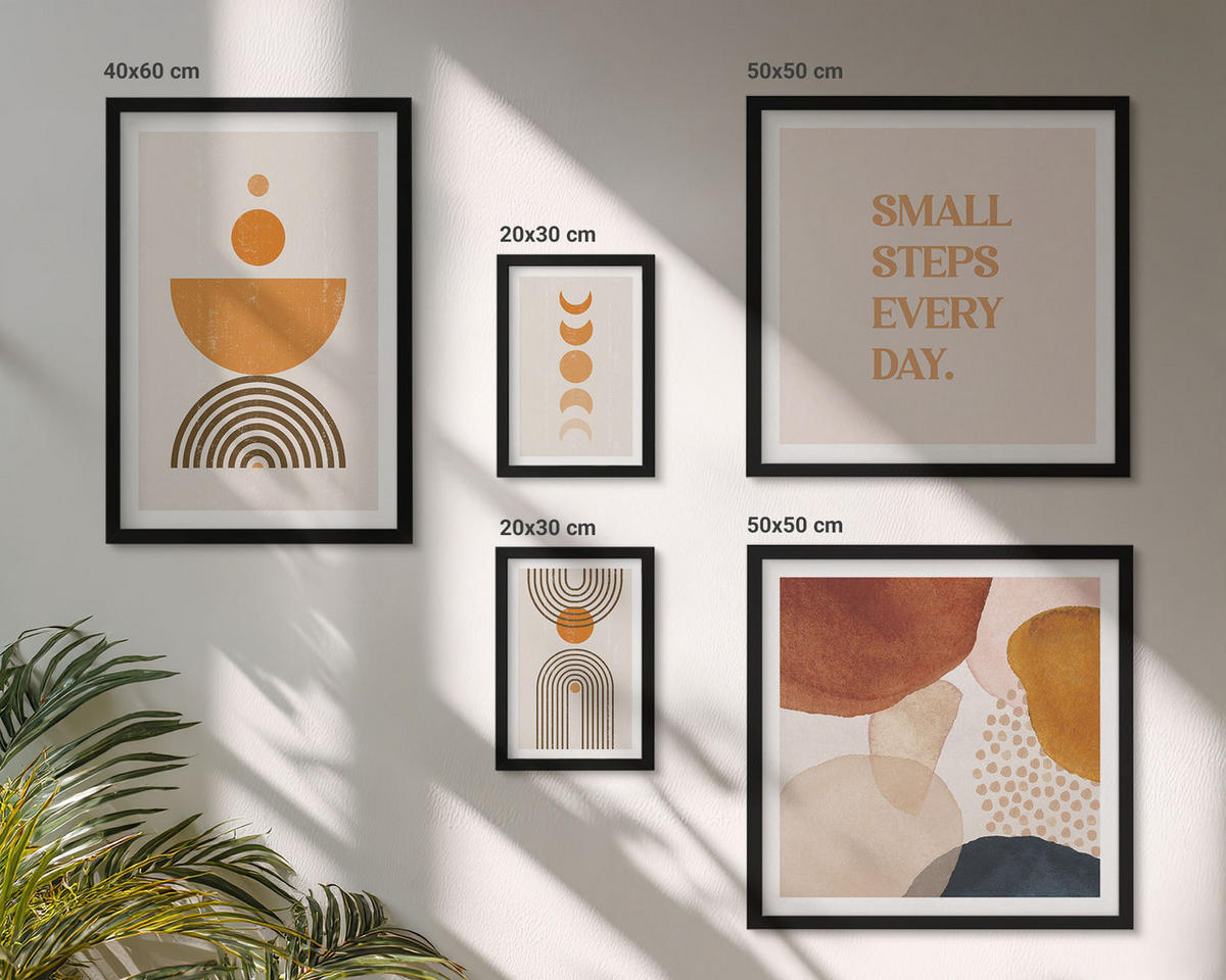 WANDBILDER 5er-Set - 50x50 cm & 20x30 cm & 40x60 cm Schwarzer Rahmen - Boho-minimalistische Dekorationen - Schwarz, Kunststoff (40/60cm) - ArtPrintCave
