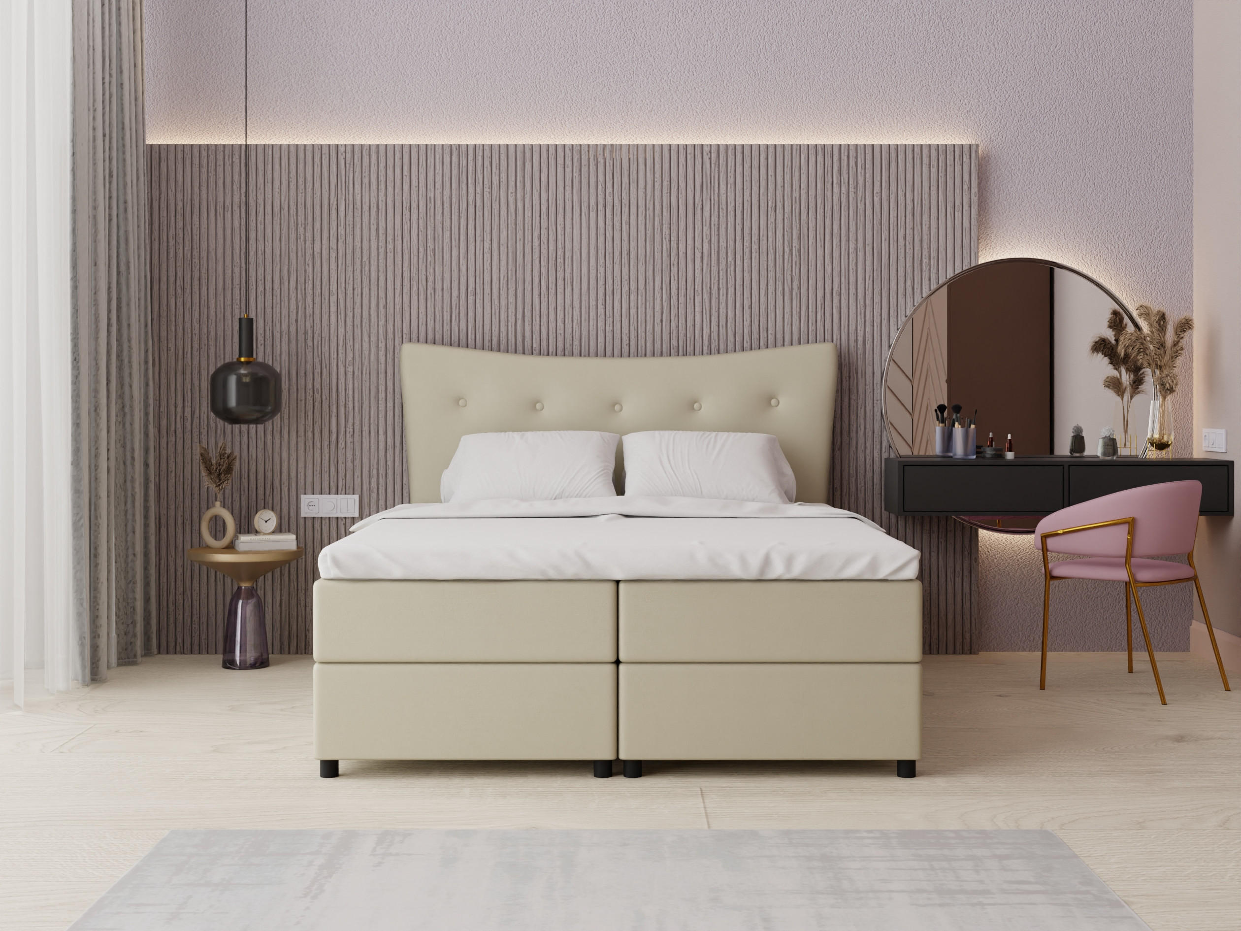 BOXBETT Nevada 160 x 200 cm Doppelbett mit hochwertiger Bonell-Matratze und Topper - ecru - Ecru, Holz (160/200cm) - Panda Möbel