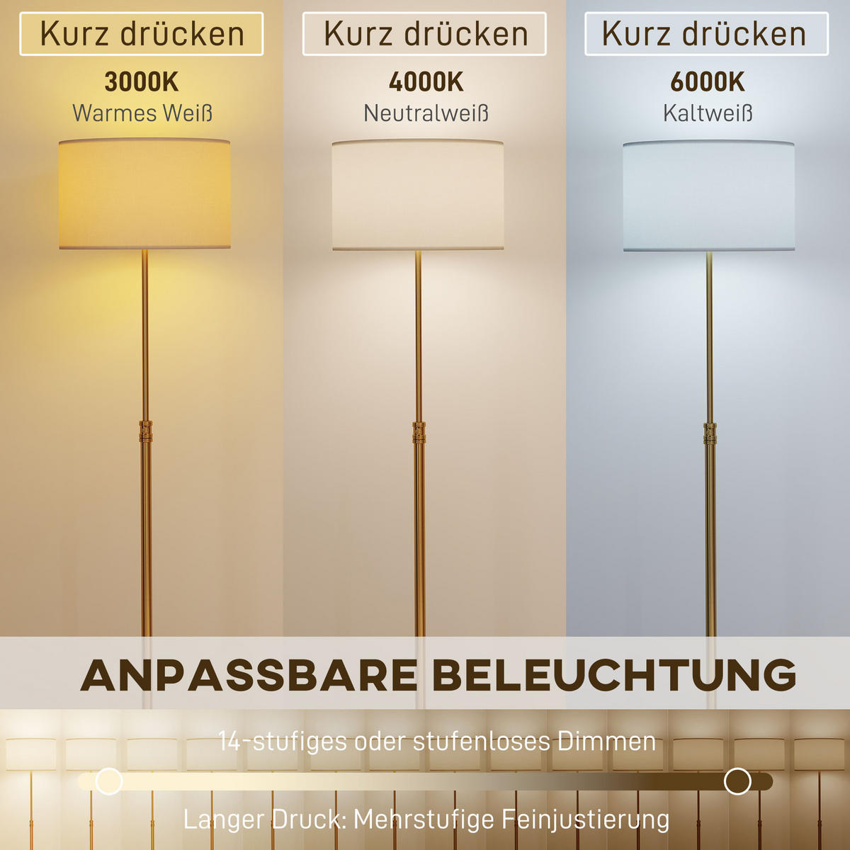STEHLAMPE dimmbar mit Leinen-Lampenschirm Gold - Goldfarben, Metall (40/40/168cm) - HOMCOM