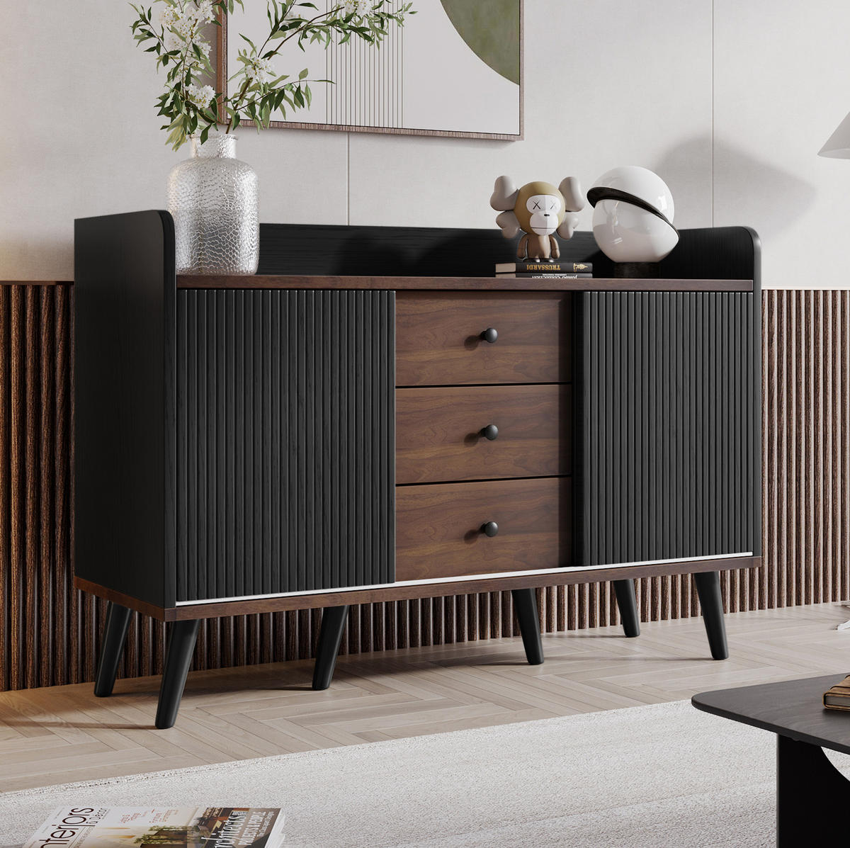 SIDEBOARD mit 3 Schubladen 117,5 x 40 x 80 cm Schwarz Holzoptik - Schwarz, Holzwerkstoff (117.5/80/39.5cm) - Meubliv