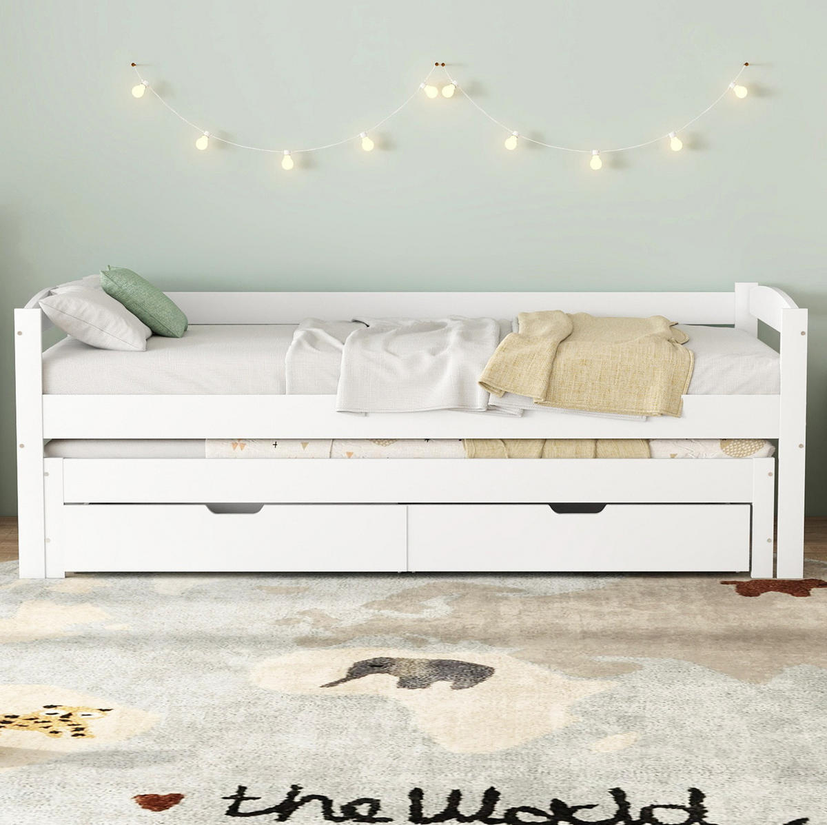 TAGESBETT 200/90 cm mit Ausziehbett 190/90 cm, 2 Schubladen und Massivholzrahmen, Weiß - Weiß, Holzwerkstoff (90/200cm) - Redom