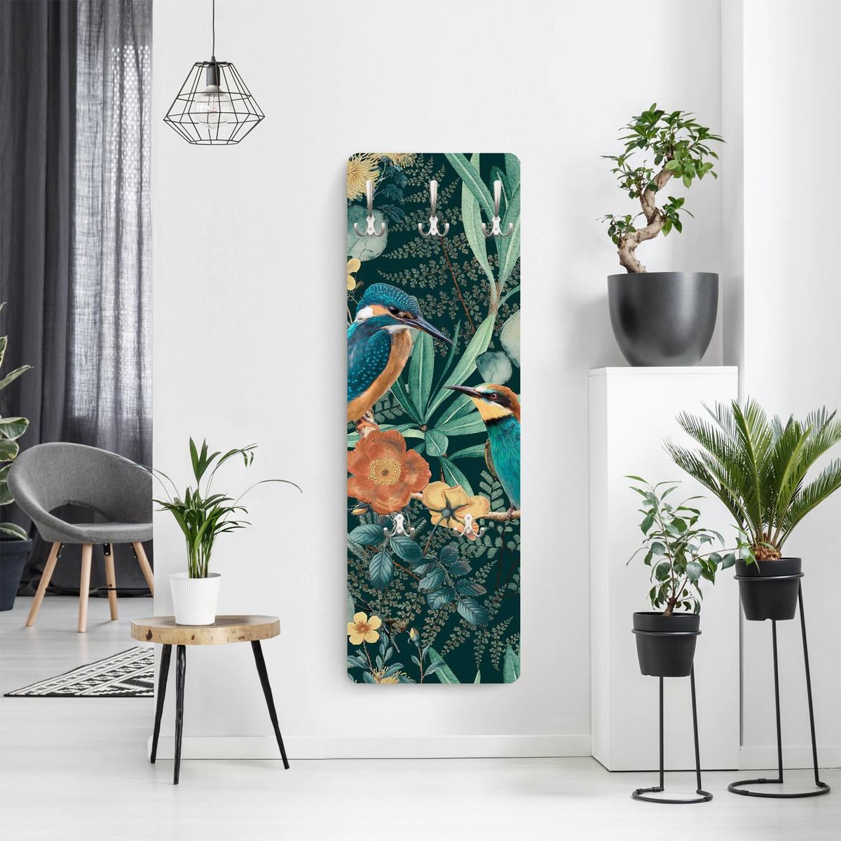 WANDGARDEROBE - Blumenparadies Eisvogel und Kolibri 34/105 cm - Grün, Holzwerkstoff (34/105/1.6cm) - Bilderwelten