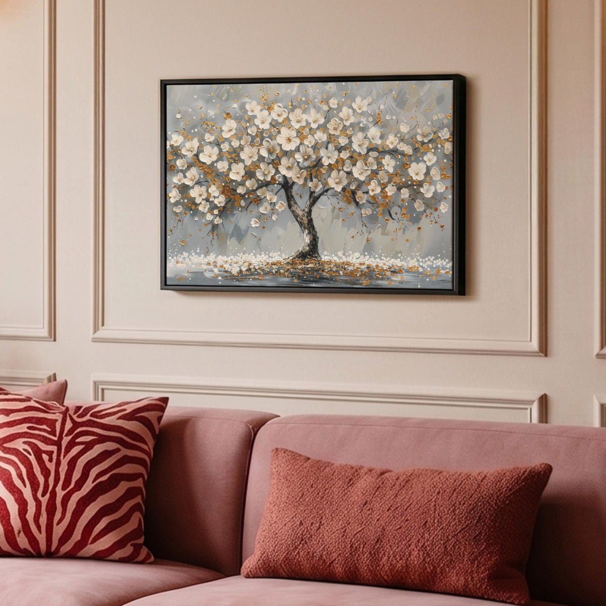 LEINWAND Bilder mit Rahmen - Baum - Blumen - Weiß - Natur - Kunst - 60x40 - Weiß, Textil (60/40cm) - MuchoWow