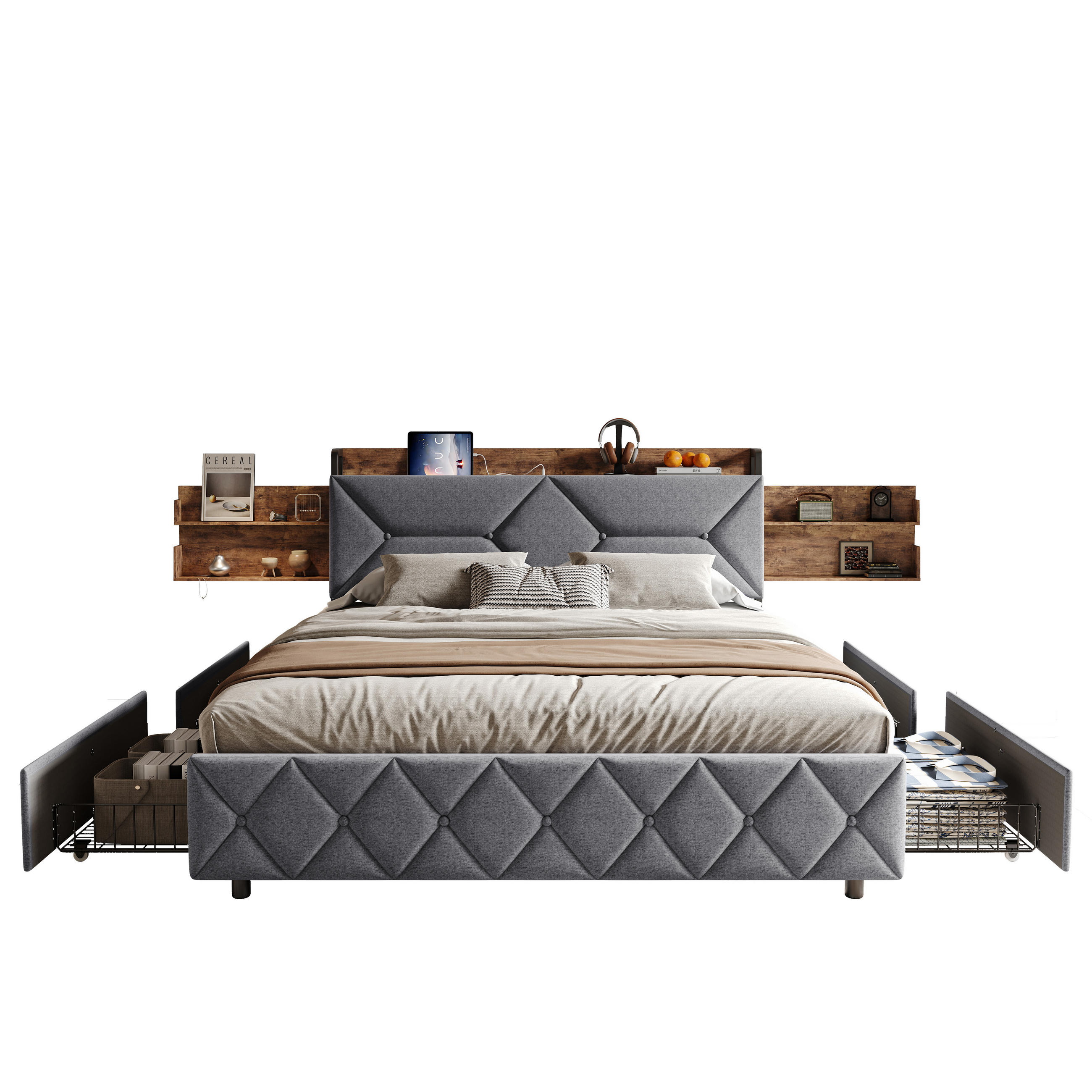 POLSTERBETT 140/200 cm mit beidseitigen Stauraumschubladen, separate Holz-Wandablagen mit USB-Anschluss, grauer Leinenoptik-Bezug - Grau, Holz/Metall (140/200cm) - Joyfair