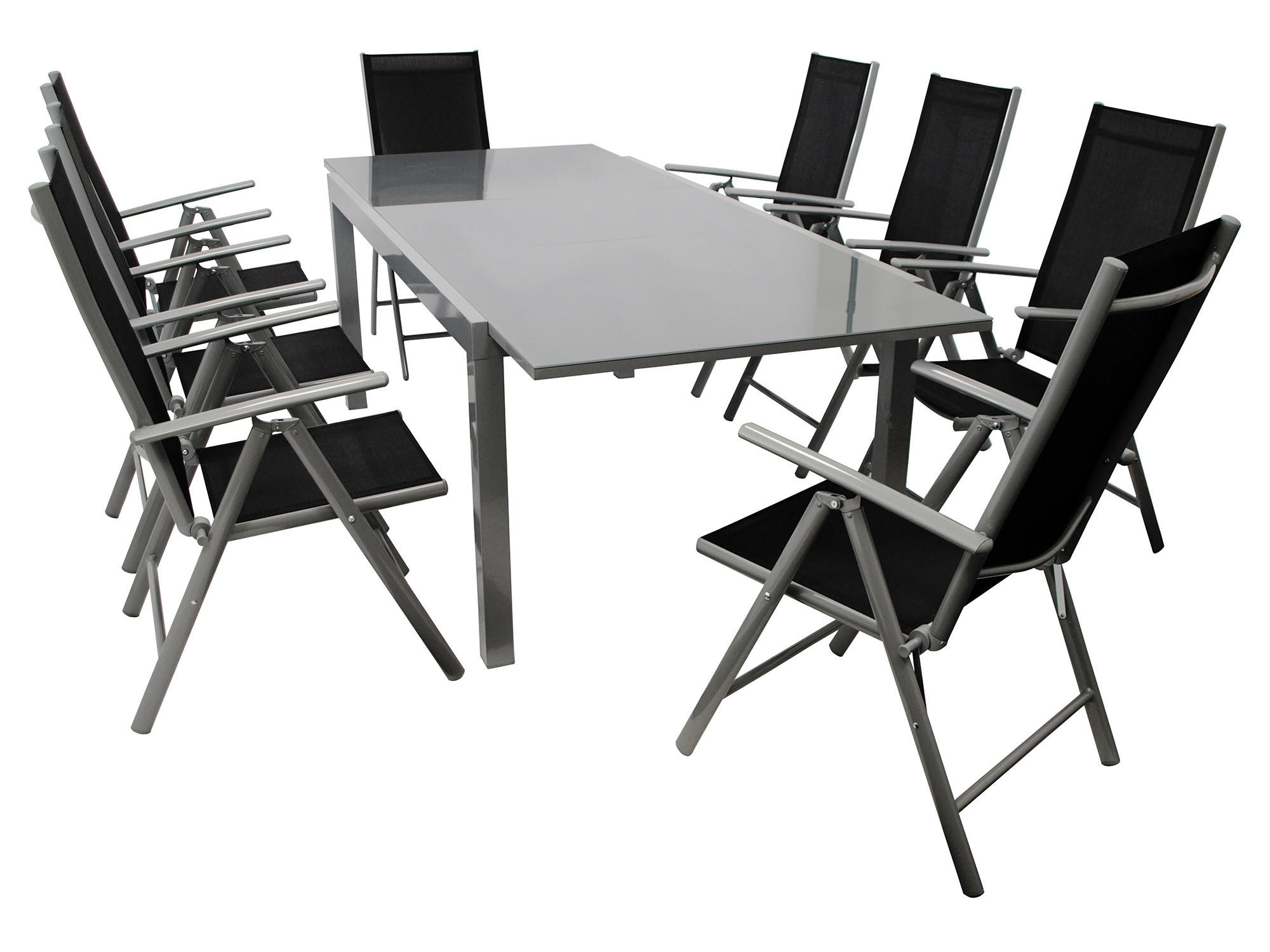 GARTEN-GARNITUR Ashford - 9-teilig (8x Klappsessel mit Armlehnen, 1x Ausziehtisch 180/240x100cm) - Schwarz, Metall - TPFGarden