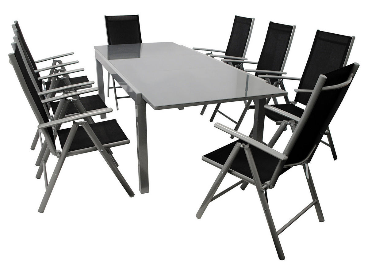 GARTEN-GARNITUR Ashford - 9-teilig (8x Klappsessel mit Armlehnen, 1x Ausziehtisch 180/240x100cm) - Schwarz, Metall - TPFGarden