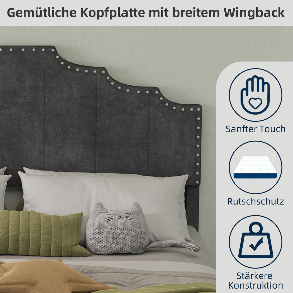 POLSTERBETT 140/200 cm mit gepolstertem Kopfteil und Lattenrost, geometrisches Design, Grau - Grau, Textil (140/200cm) - Redom