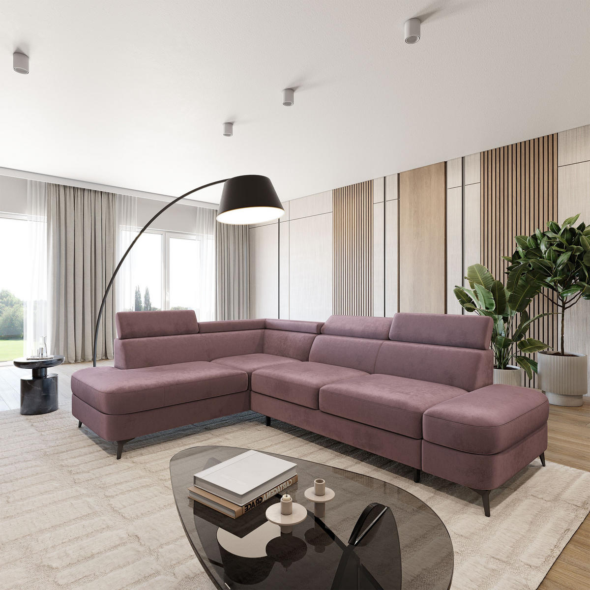 ECKSOFA AVISE M L-S Lila Velours-Stoff mit Schlaffunktion - Lila, Holzwerkstoff/Textil (268/195cm) - MASSENO