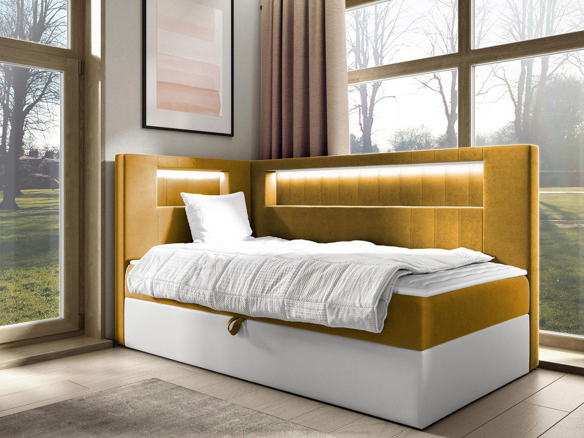 BOXBETT Gold Junior 3, Seite zum Öffnen des Bettkastens: Links - Gelb/Weiß, Holz (90/200cm) - MIRJAN24
