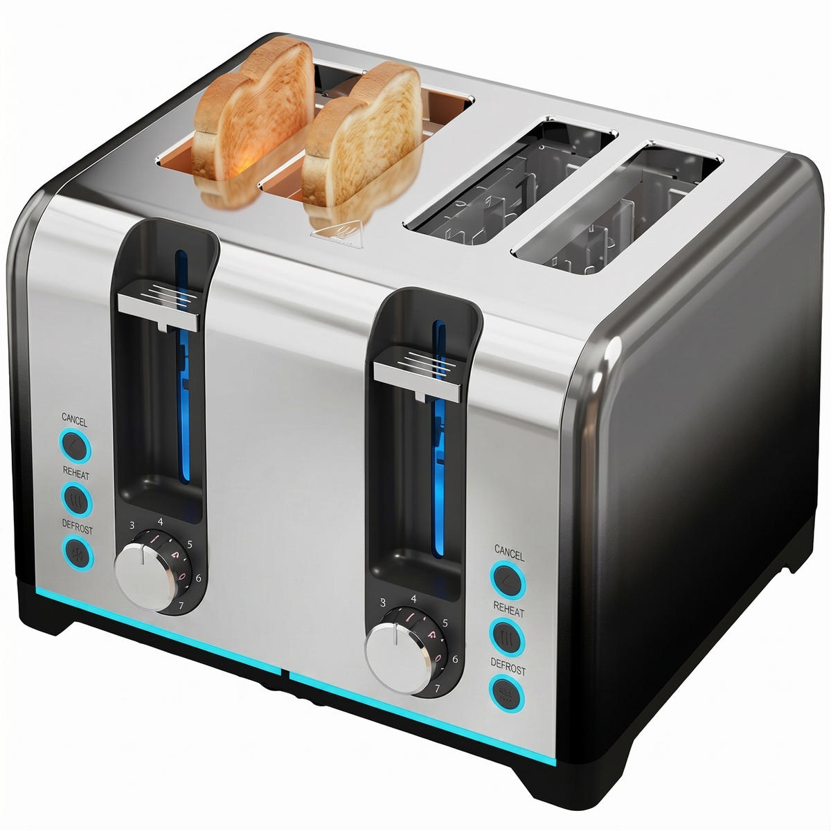 TOASTER 4-Scheiben mit Bräunungsstufen, Auftaufunktion, Aufwärmfunktion - Schwarz, Metall (15.6/18.9/26.4cm) - Korfee