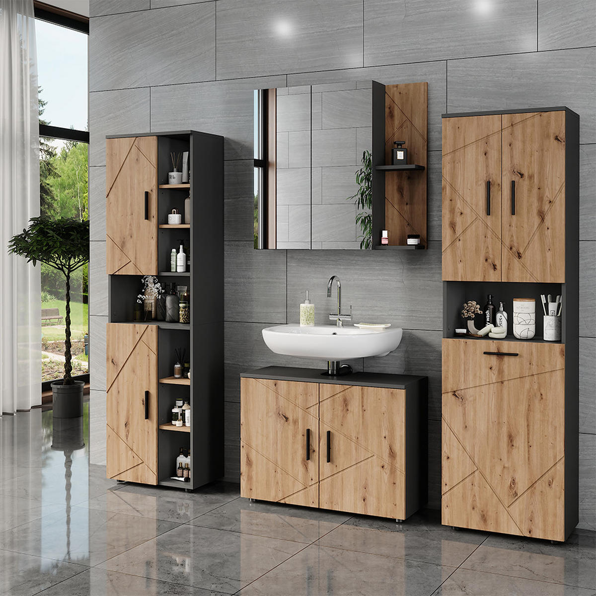 HOCHSCHRANK Irma Anthrazit/Artisan 50 x 172 cm mit Wäschkorb - Anthrazit/Eiche Artisan, Holzwerkstoff (50/172/30cm) - Vicco
