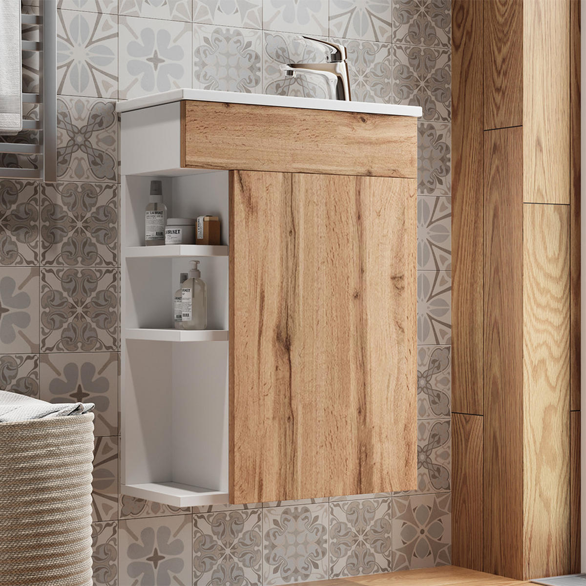 BADMÖBEL-SET Amadeo Goldkraft Eiche 2 Teile, mit Waschbecken - Honigeiche, Holzwerkstoff (50/70/25cm) - Vicco