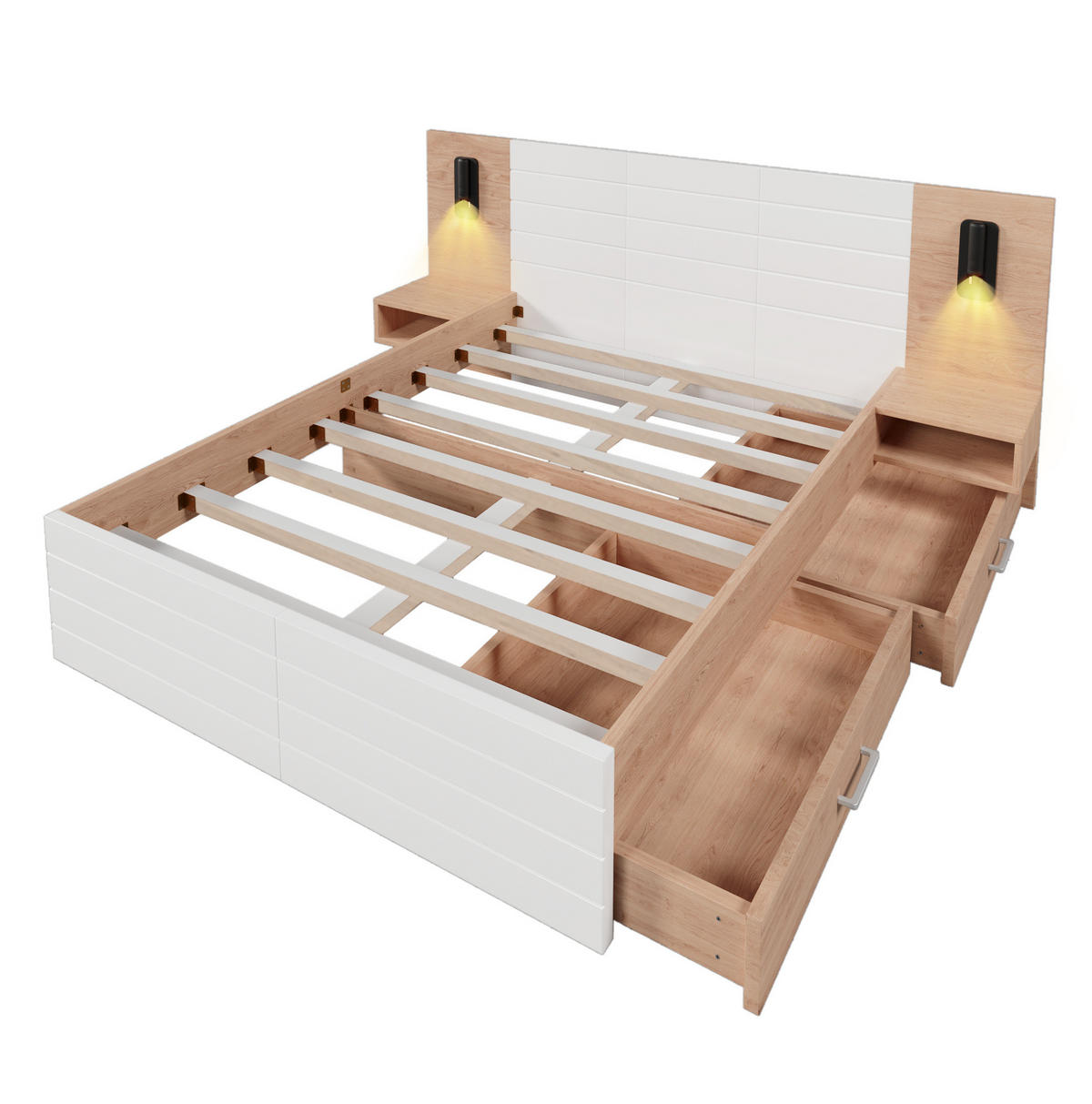 DVOJLŮŽKOVÁ postel 160/200 cm bílá a dub světlý z masivního dřeva a MDF s LED čtením, USB a úložným prostorem - bílá, kompozitní dřevo (160/200cm) - OKWISH