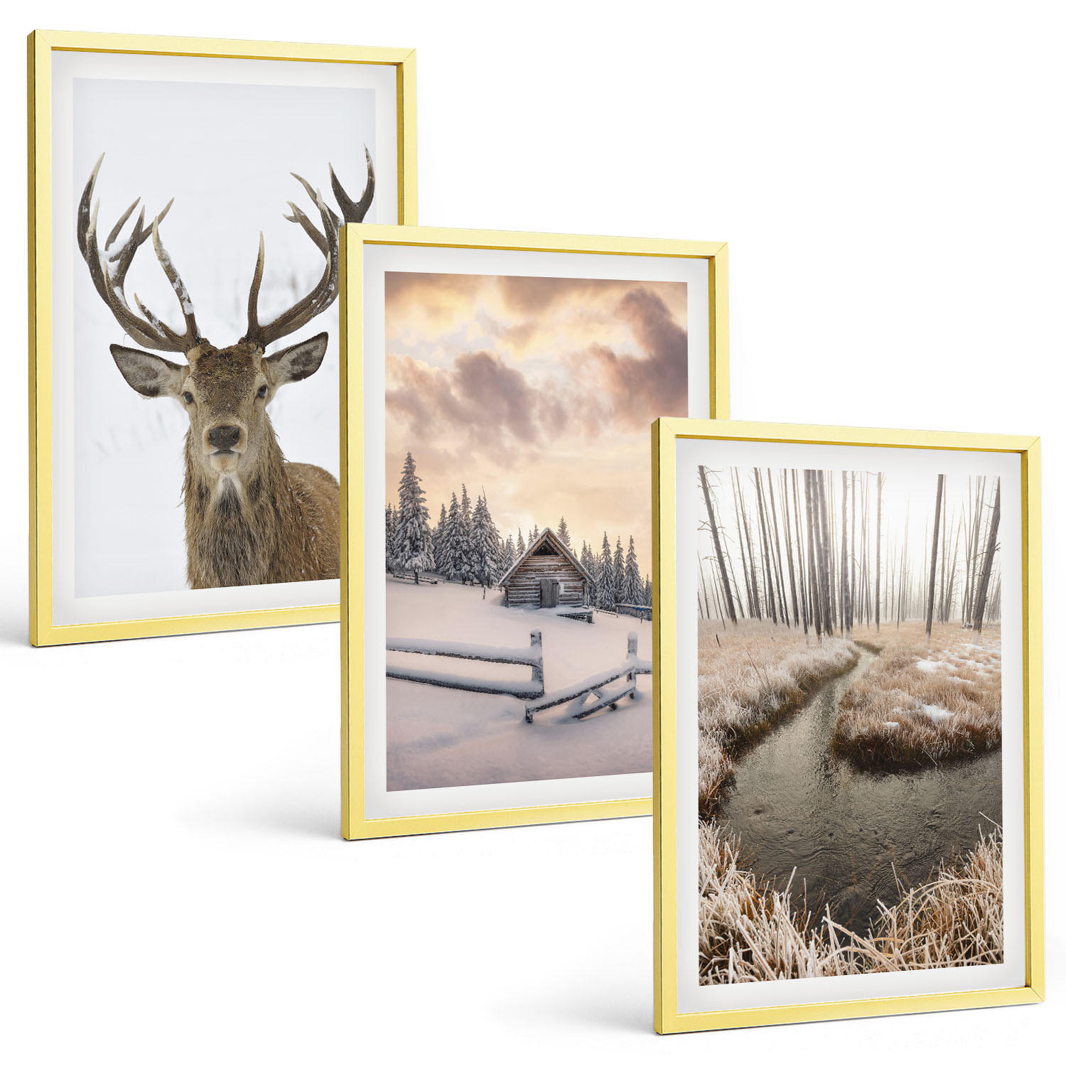 BILDER SET 3er Set - 40x60 cm Goldrahmen - Hirschhütte in Winterlandschaft - Goldfarben, Kunststoff (40/60cm) - TULUP