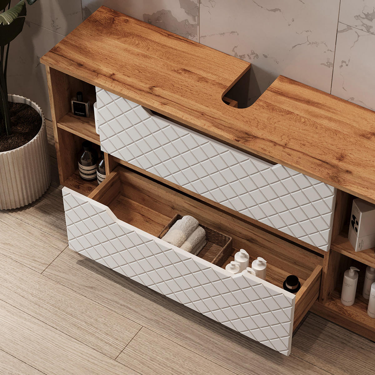 WASCHBECKENUNTERSCHRANK Lotta Eiche/Weiß mit Kachelstruktur 119.2 x 62.5 cm mit 2 Schubladen - Eichefarben/Weiß, Holzwerkstoff (119.2/62.5/32cm) - Vicco