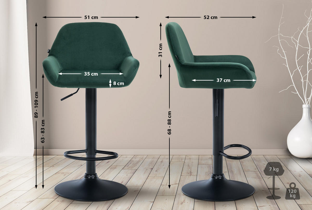 BARHOCKER Samt dunkelgrün - Dunkelgrün/Schwarz, Textil/Metall (51/89/52cm) - CLP