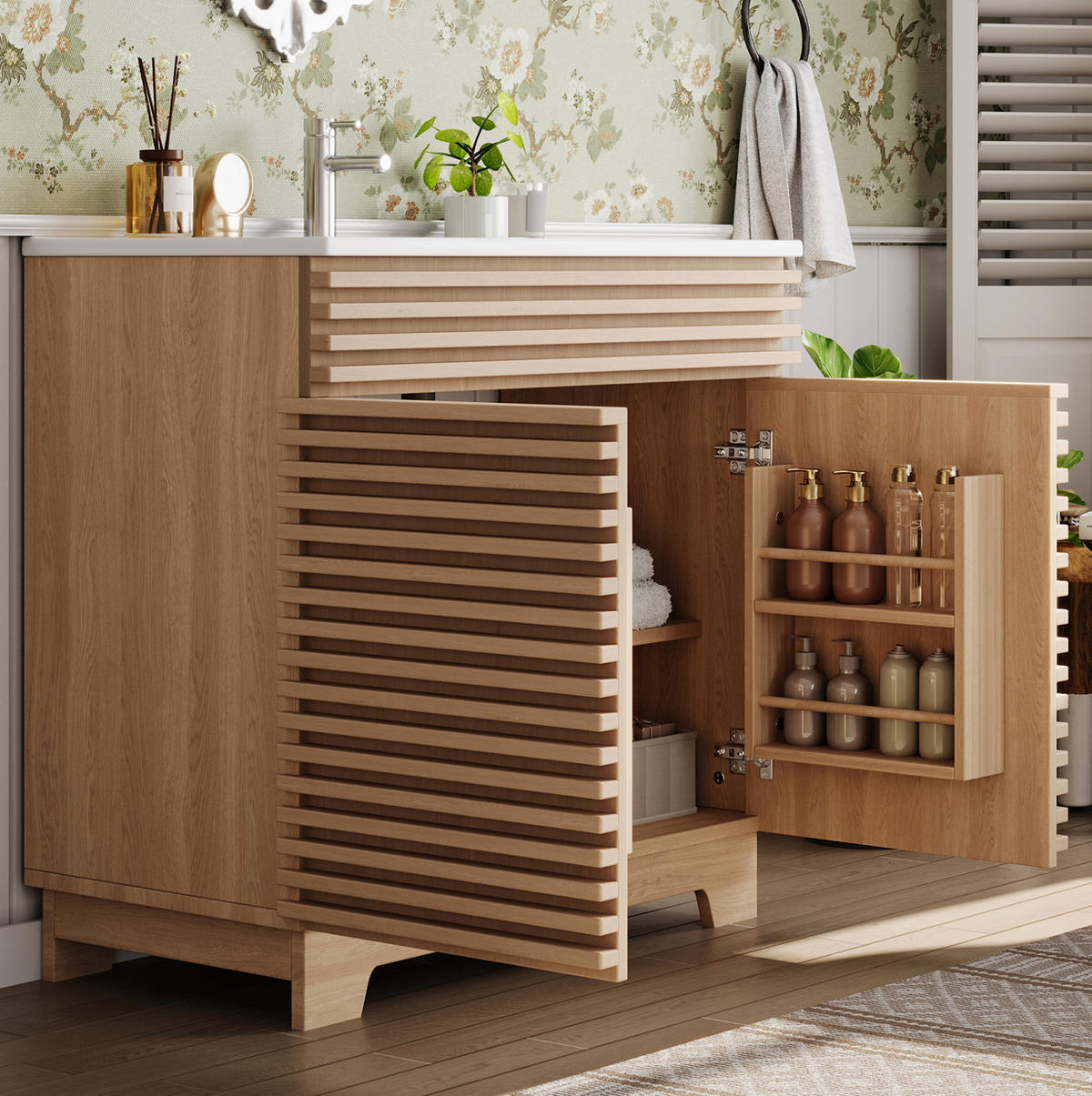 WASCHTISCHUNTERSCHRANK mit Keramikbecken 91 x 46 x 80 cm Natur - Naturfarben, Holzwerkstoff (46/80/91cm) - Beauniv