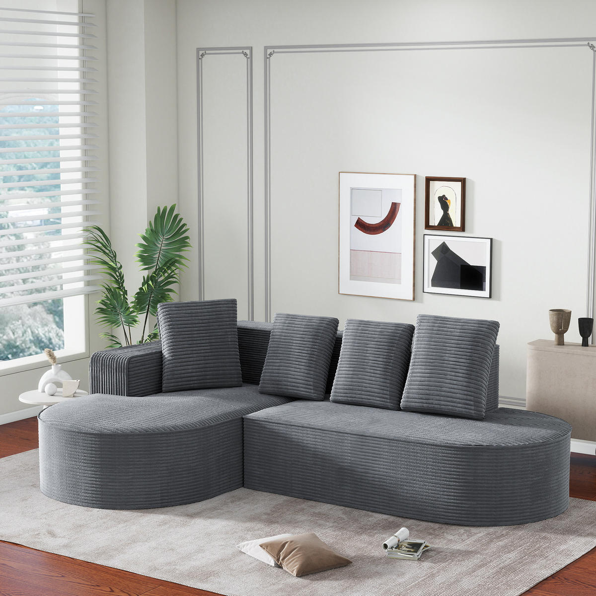 ECKSOFA Cord mit tiefer Sitzfläche, 4 Kissen 265/165/67 cm Grau - Grau, Textil (165/265cm) - Redom