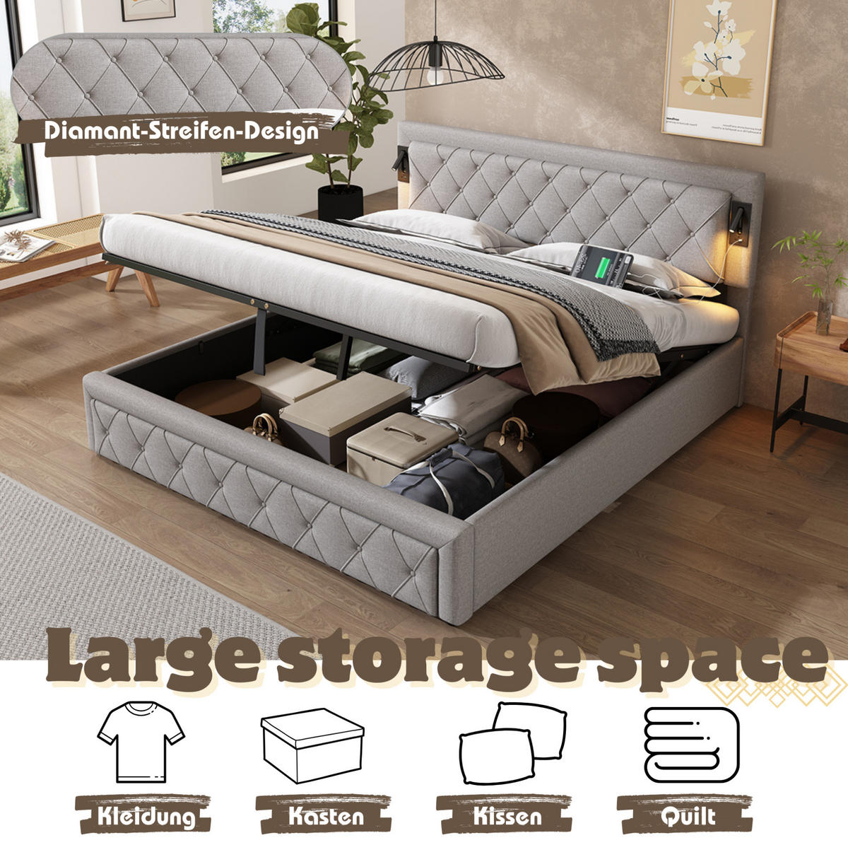 POLSTERBETT 180/200 cm aus Leinen mit Downlights, USB-Anschlüssen, hydraulischem Bettkasten und Lattenrost, Grau - Grau, Textil (180/200cm) - Redom