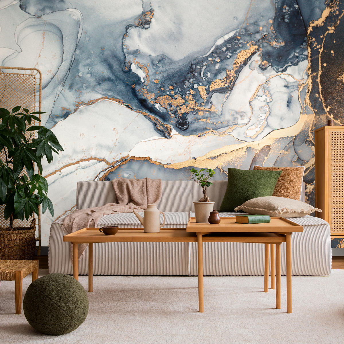 FOTOTAPETA Pre Obývaciu Izbu Mramor Modrá Moderná Zlaté Akcenty Elegantná 150 x 105 cm - žltá/sivá, papier (150/105cm) - Muralo