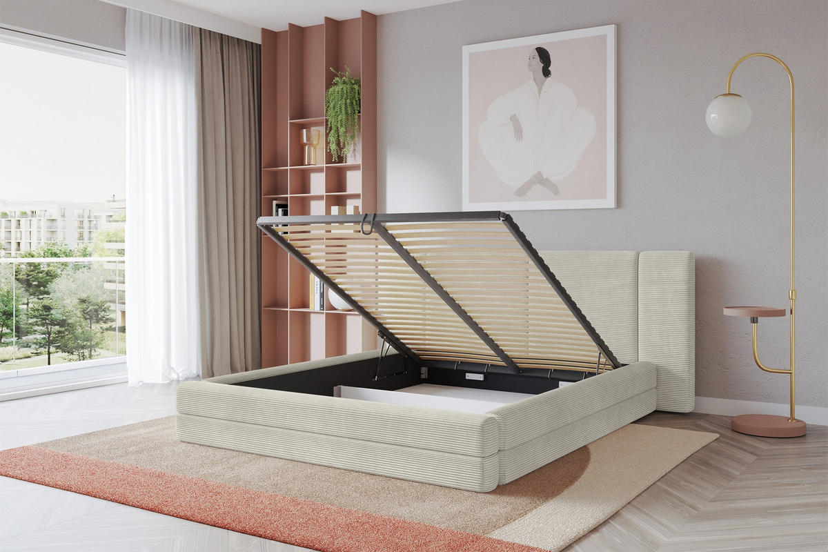 POLSTERBETT mit Bettkasten und Lattenrost, Boxbett ohne Matratze - TEVO 200x200 Creme - Sahara, Holzwerkstoff/Textil (200/200cm) - ALTDECOR