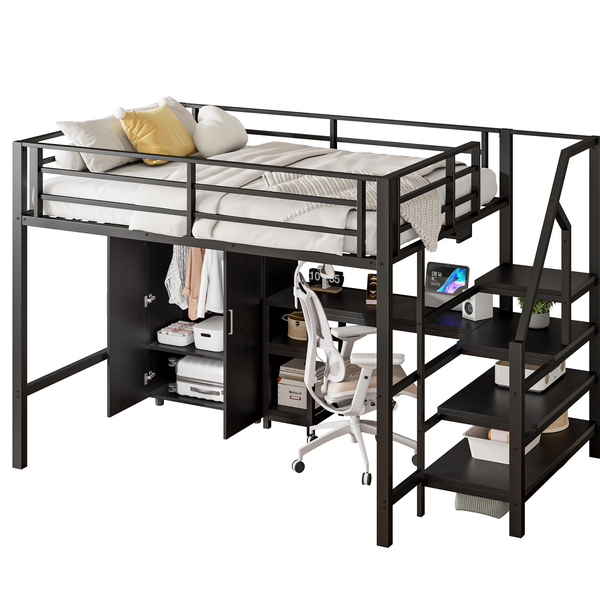 HOCHBETT 140/200 cm aus Metall/MDF mit Schreibtisch, Kleiderschrank und Regalen Schwarz - Schwarz, Metall (140/200cm) - Modenvie