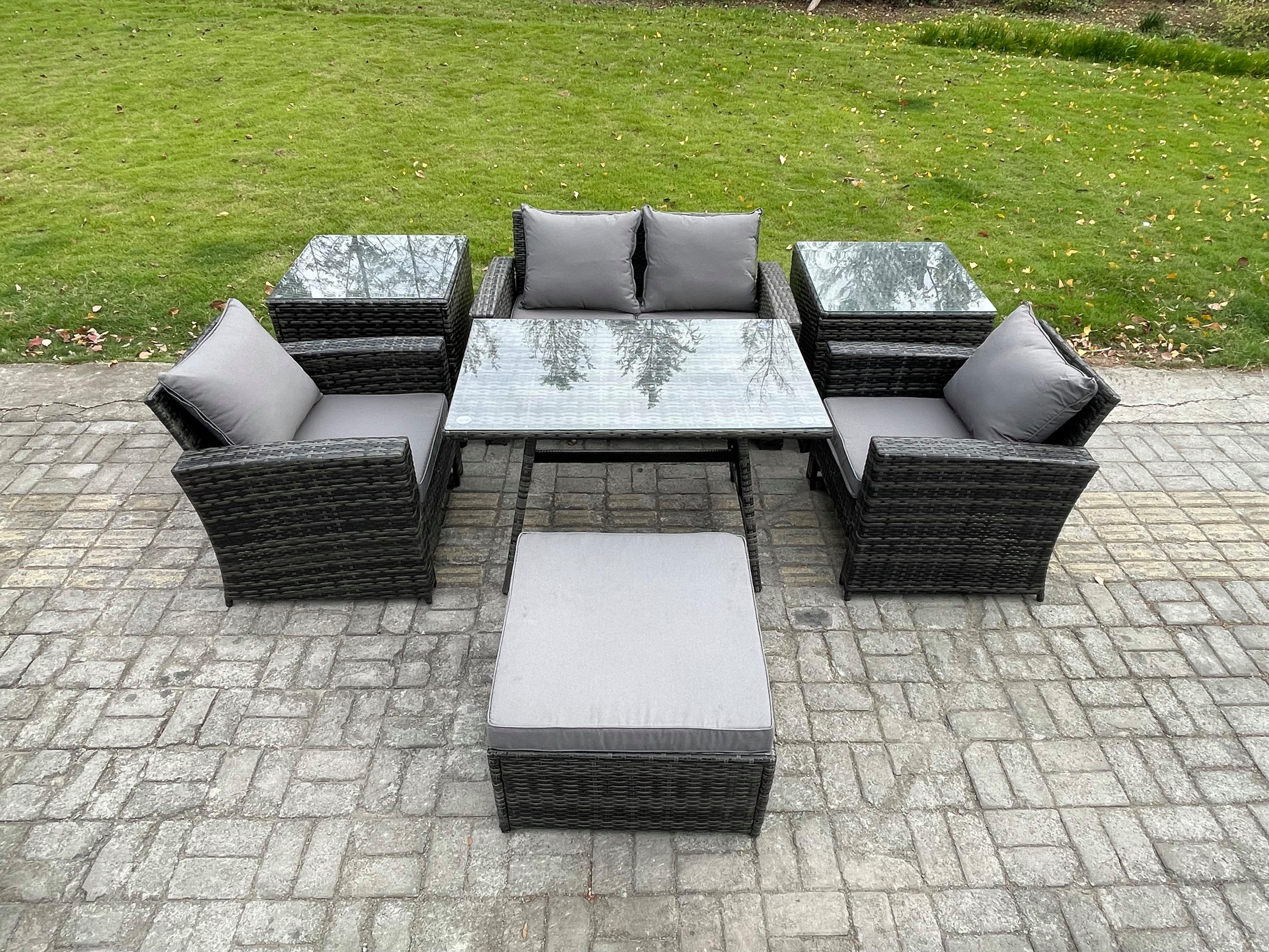 GARTENMÖBELSET mit ESSTISCH,HOCHLEHNER-SOFA Polyrattan Dunkelgrauer Mix 5-Sitzer - Dunkelgrau/Grau, Glas/Kunststoff - Fimous