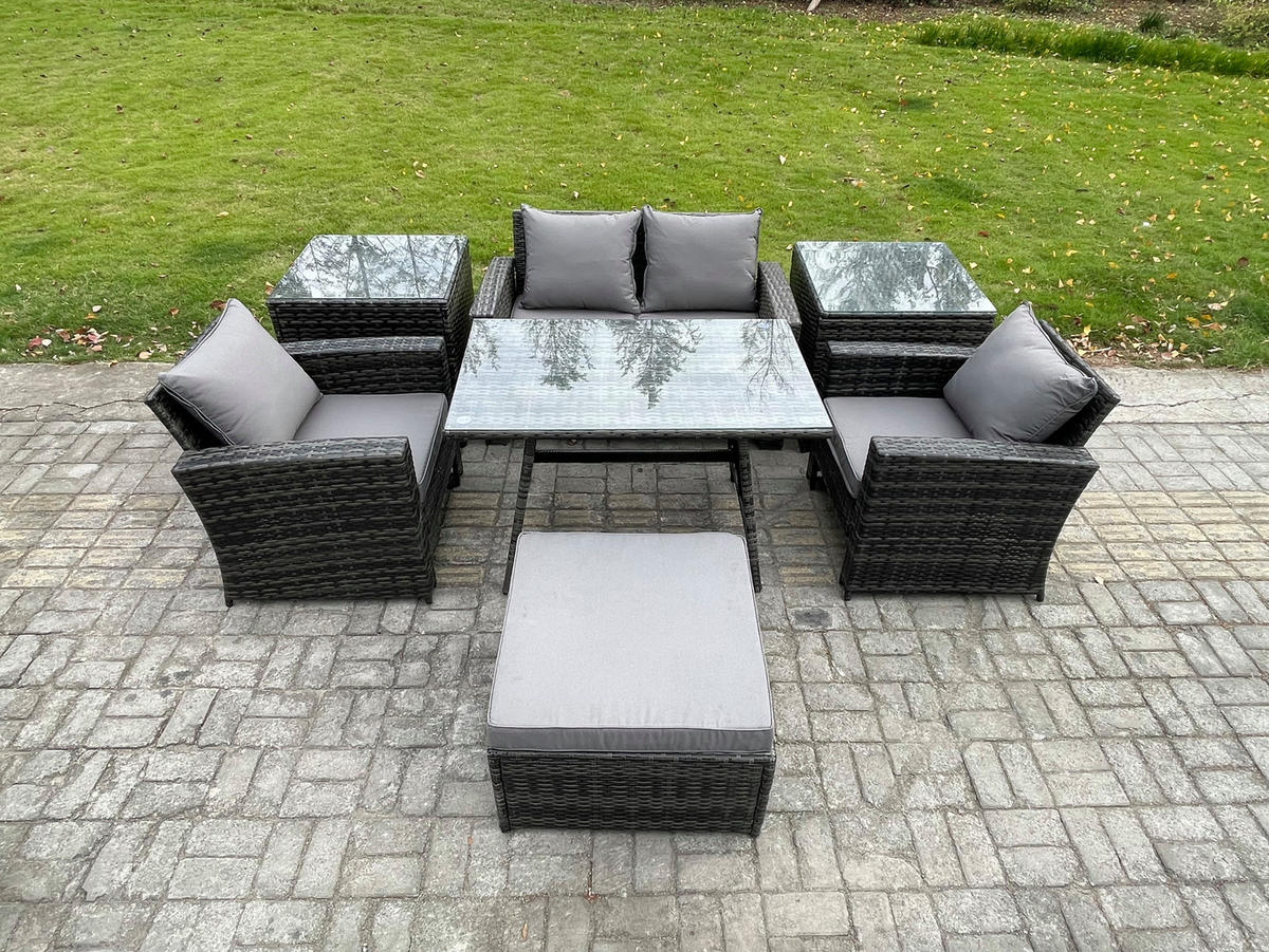 GARTENMÖBELSET mit ESSTISCH,HOCHLEHNER-SOFA Polyrattan Dunkelgrauer Mix 5-Sitzer - Dunkelgrau/Grau, Glas/Kunststoff - Fimous