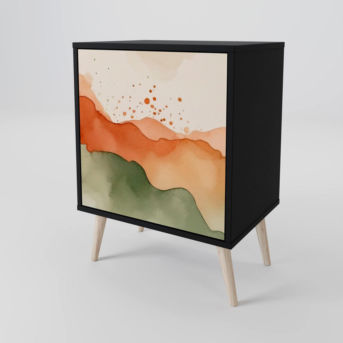 SIDEBOARD WATERCOLOUR PEAKS, Schwarz, 57,5x42x67,5 cm, Schwarze Metall-Rahmenfüße - Multicolor/Schwarz, Holzwerkstoff/Metall (57.5/67.5/42cm) - SpaceRebels