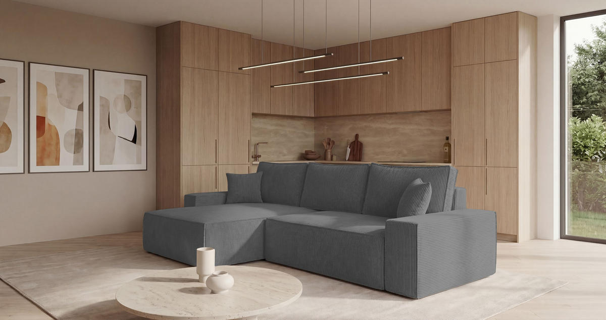 ECKSOFA California mit Schlaffunktion Hellgrau Links - Grau, Textil (280/185cm) - Cornero