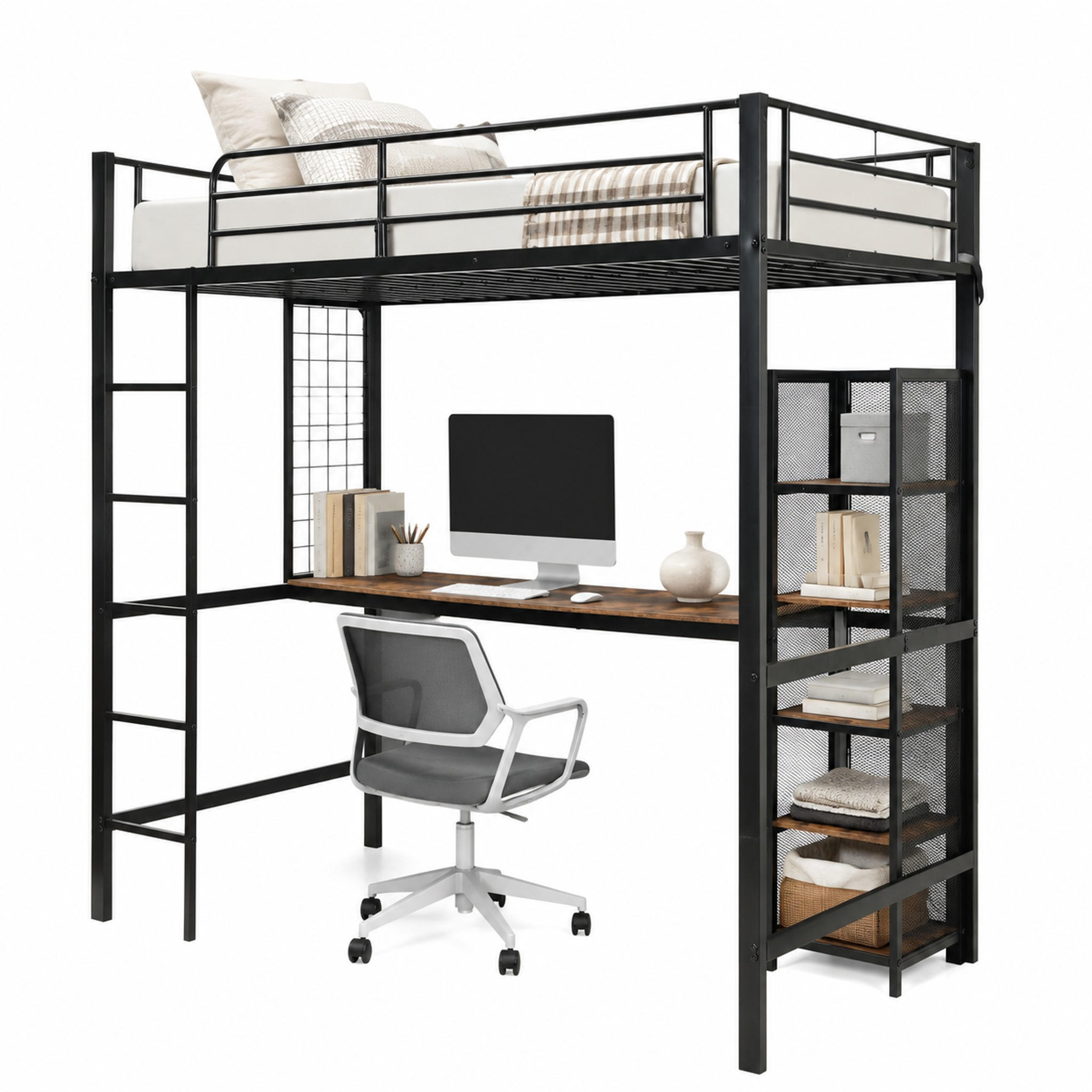 HOCHBETT mit Tisch und Regalfächern 90x200 cm Metall MDF Black Dark Walnut - Schwarz, Metall (90/200cm) - Meubliv