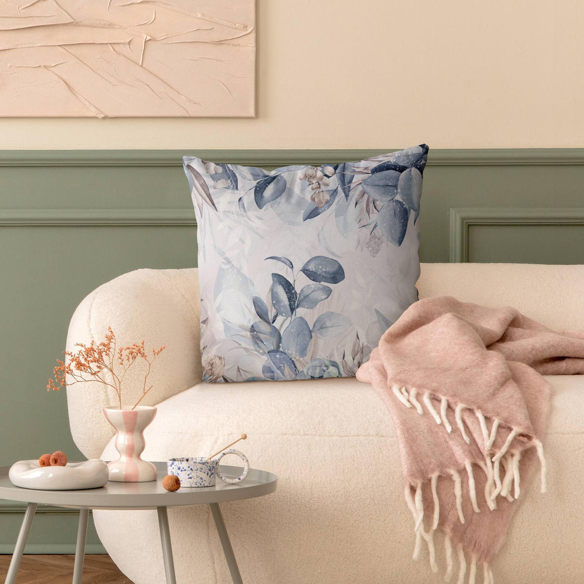 KISSENBEZUG Botanik in Pastell Blau & Beige 40/40 cm - Blau, Textil (40/40cm) - Bilderwelten