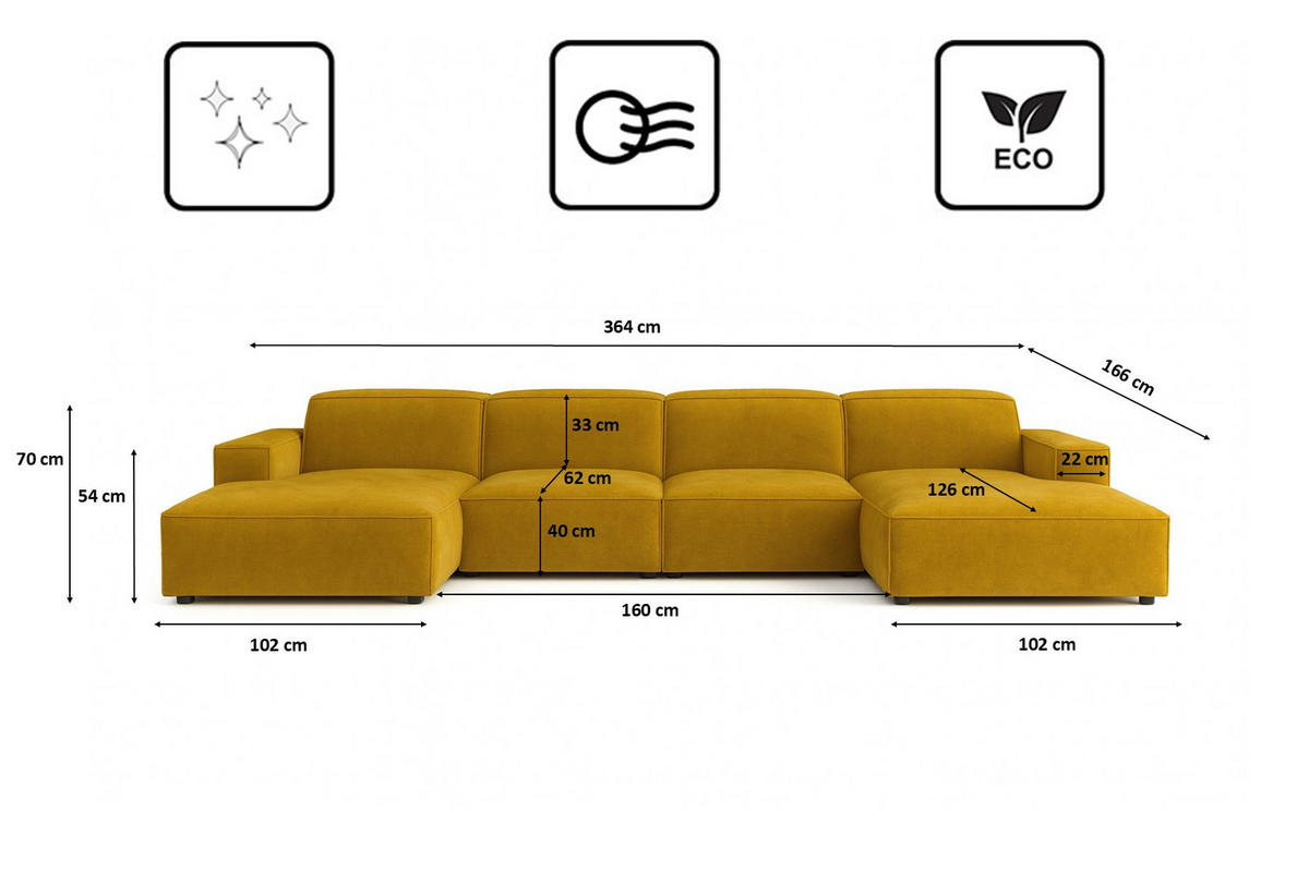 ECKSOFA Cursal U-Form, Stoff Salvador, Gelb - Gelb, Holz (364/166cm) - Kaiser Möbel