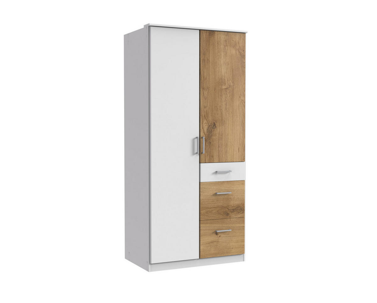 KLEIDERSCHRANK Click in Weiß mit Plankeneiche - Drehtürenschrank 91 cm Breite ohne Spiegel - Weiß, Holzwerkstoff (91/199/58cm)