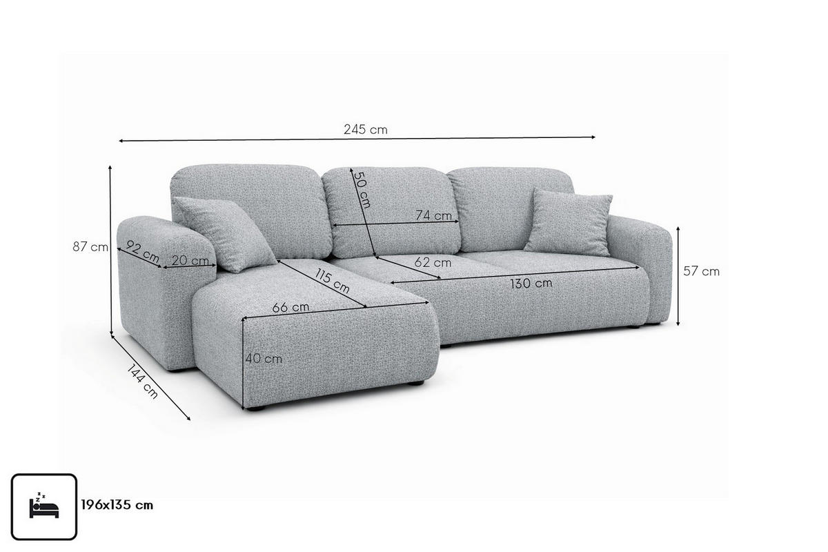 ECKSOFA Mit Schlaffunktion Und Bettkasten, Sofa L-Form Bingo L, Chenille-Stoff Artico, Cement, Links - Hellgrau, Holz (245/144cm) - Kaiser Möbel