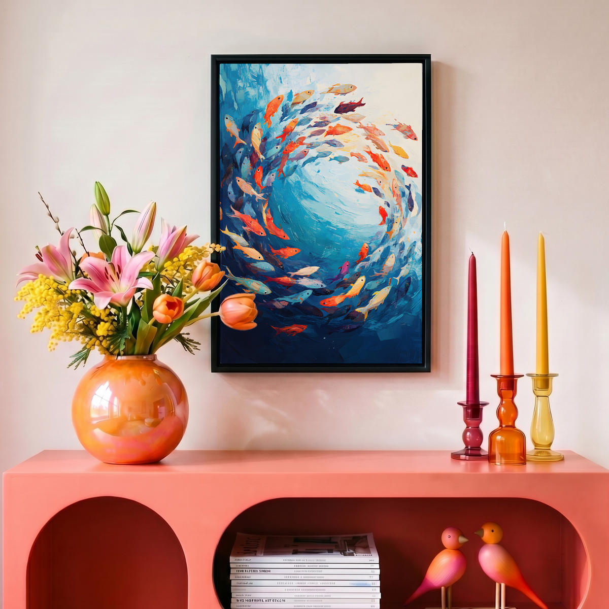 LEINWAND Bilder mit Rahmen - Meer - Fische - Bunt - Dynamisch - 20x30 - Hellblau, Textil (20/30cm) - MuchoWow