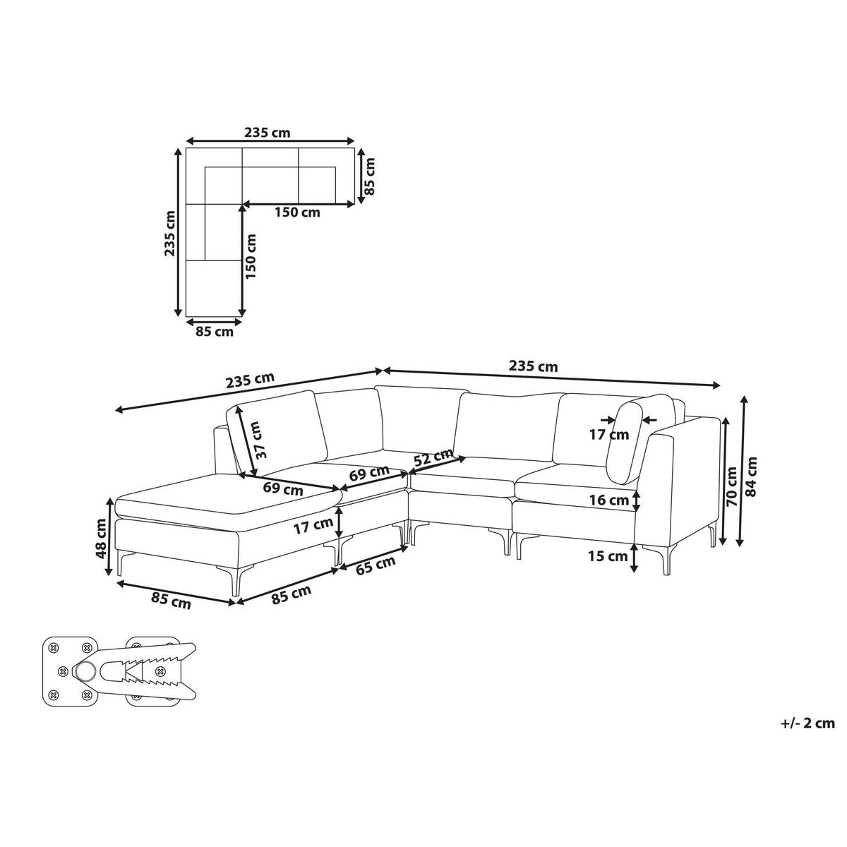 ECKSOFA Modul 4-Sitzer rechtsseitig Grau Samtstoff mit Ottomane Evja - Dunkelgrau, Textil (235/150cm) - Beliani