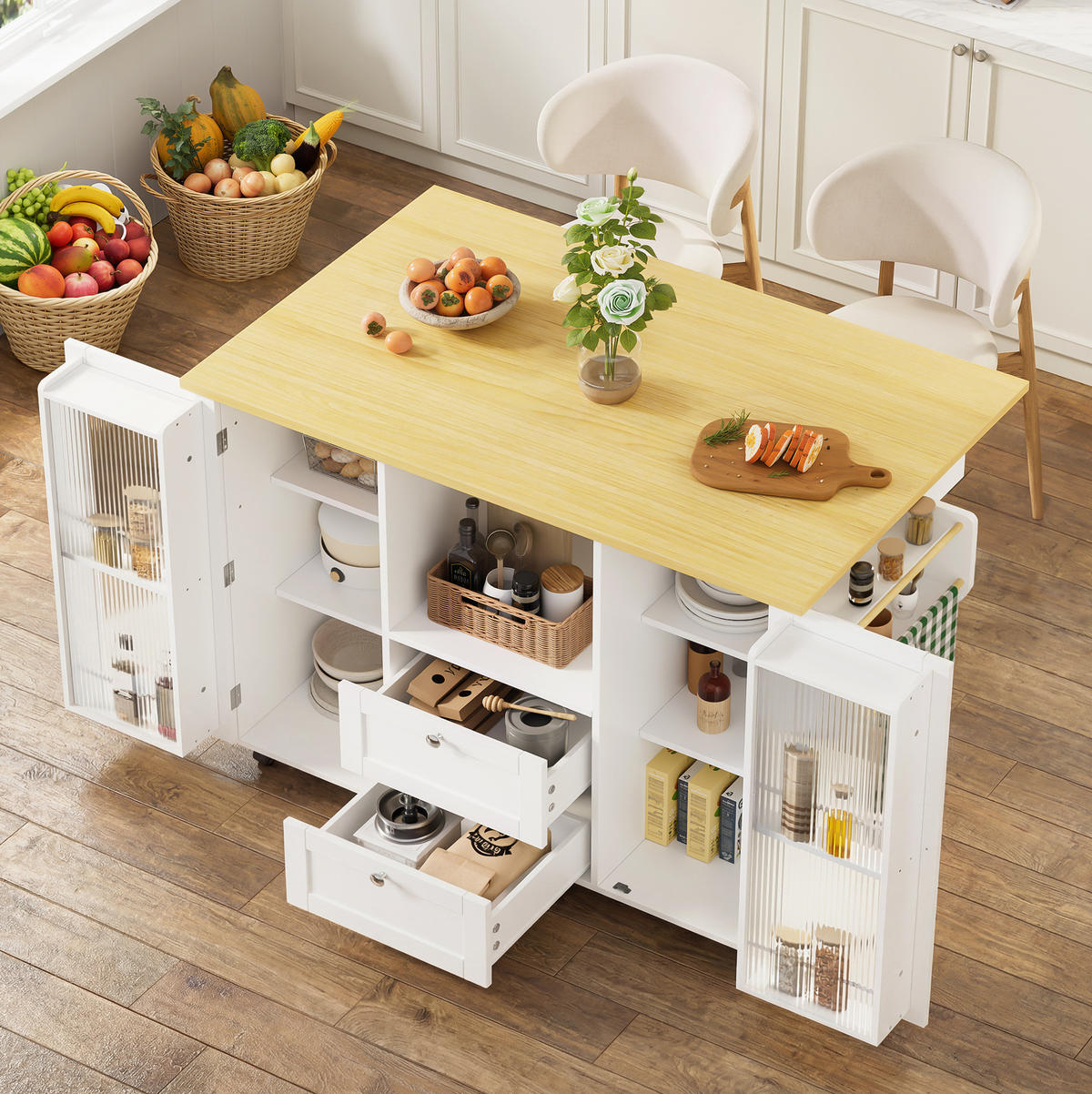 KÜCHENINSEL mit klappbarer Arbeitsplatte 120 x 45/70 x 92 cm Natural White - Naturfarben, Holz (70/92/120cm) - Beauniv