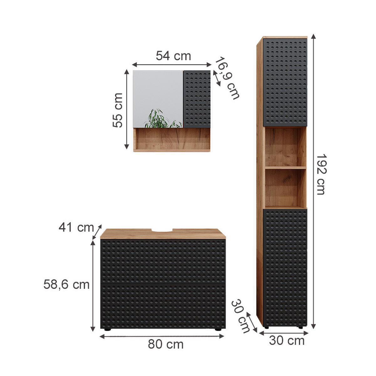 BADMÖBEL-SET Irma Anthrazit gepunktet 3 Teile - Hellbraun/Dunkelgrau, Holzwerkstoff (80/58.6/41cm) - Vicco