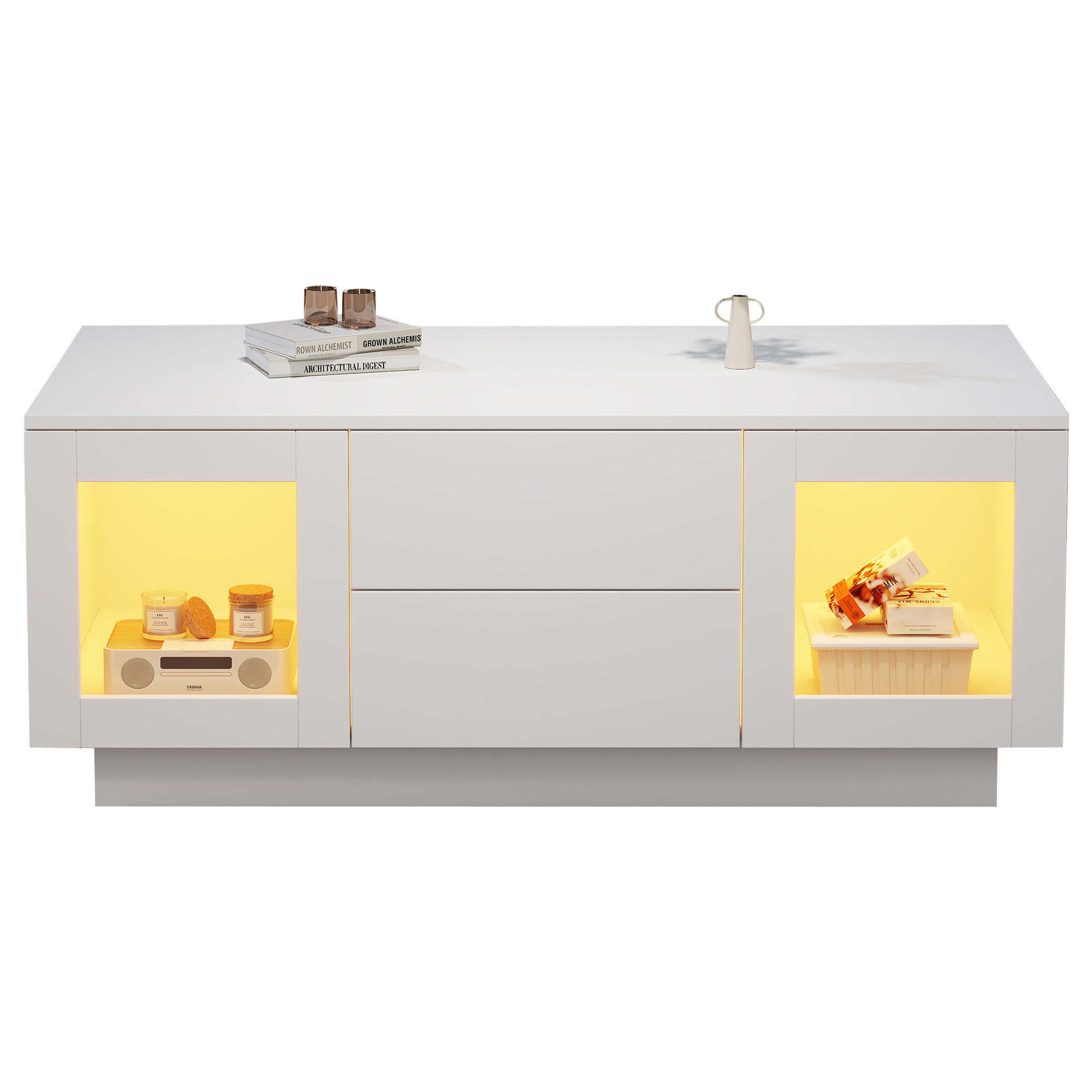 COUCHTISCH Hochglanz mit App-LED Weiß 100/50/40 cm - Weiß, Holzwerkstoff (100/50/40cm)