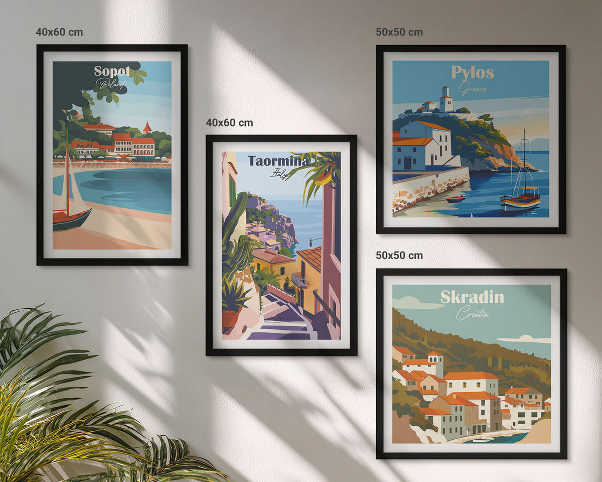 WANDBILDER 4er-Set - 50x50 cm & 40x60 cm Schwarzer Rahmen - Illustrationen von Küstenstädten - Schwarz, Kunststoff (50/50cm) - ArtPrintCave