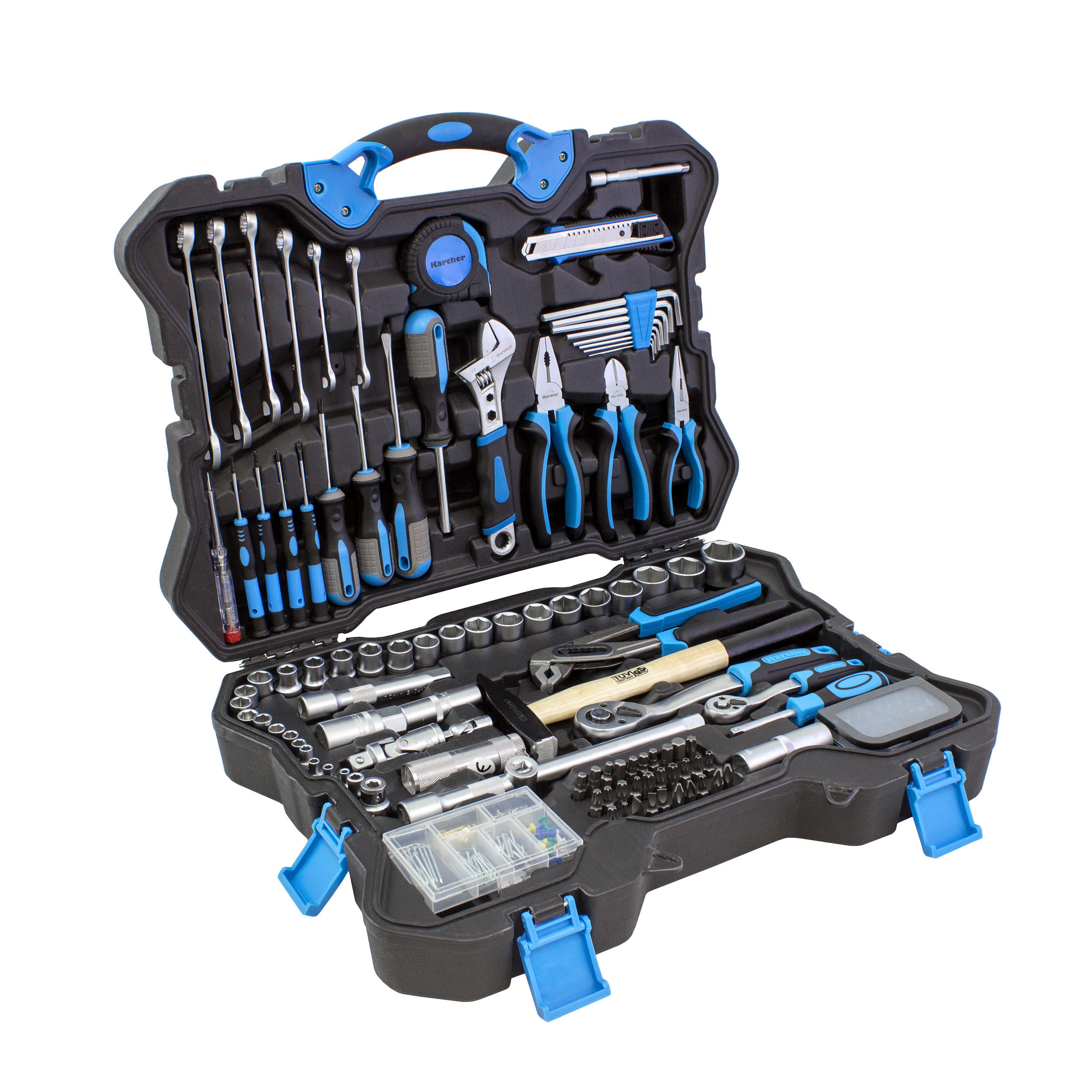 WERKZEUGKOFFER 135-teilig | Mit Hammer, Schraubendreher, Steckschlüssel, Bitsatz, Taschenlampe uvm. - Blau, Metall (43.5/15/55cm) - Karcher